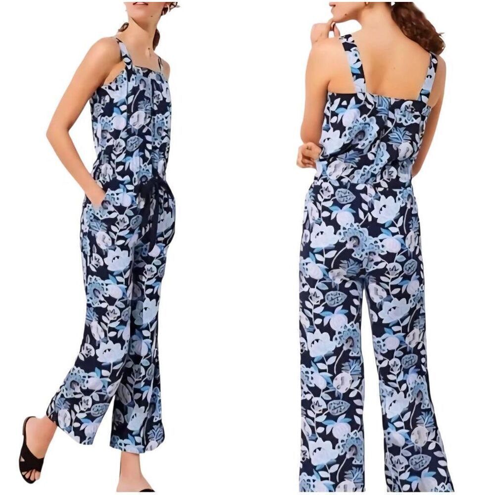 Ann Taylor Loft Pineapple Dream Jumpsuit blue floral drawstring waist rayon 10